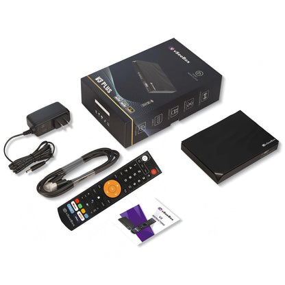 vSeeBox V3 Plus Android TV box packaging, which contains a V3 Pro, a power supply, an HDMI cable, a Bluetooth remote control and an instruction manual